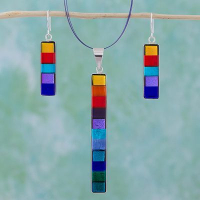 Dichroic art glass jewelry set, 'Rainbow' - Modern Art Glass Pendant jewellery Set