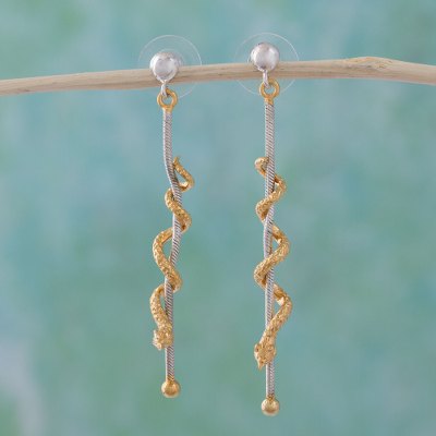 Gold plated dangle earrings, 'Climbing Serpents' - Gold plated dangle earrings