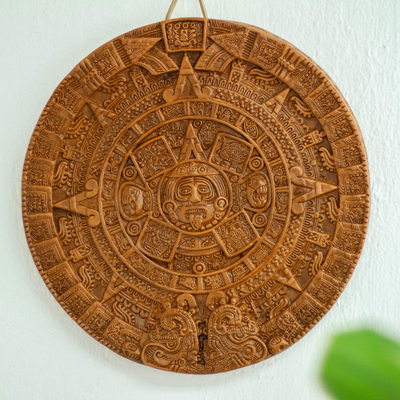Placa de cerámica, 'Piedra del Sol Azteca en Terracota' - Placa de pared arqueológica de cerámica hecha a mano en México
