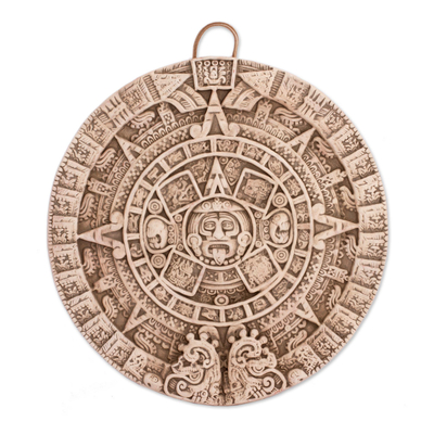 Ceramic plaque - Aztec Sun Stone in White | NOVICA