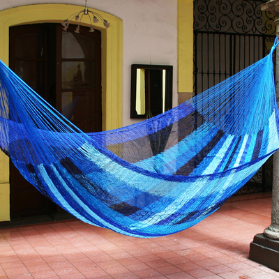 Hammock, 'Blue Caribbean' (double) - Collectible Striped Mayan Hammock (Double)