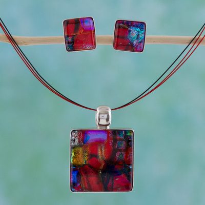 Dichroic art glass jewelry set, 'Rose Garden' - Dichroic Art Glass and Silver Jewelry Set
