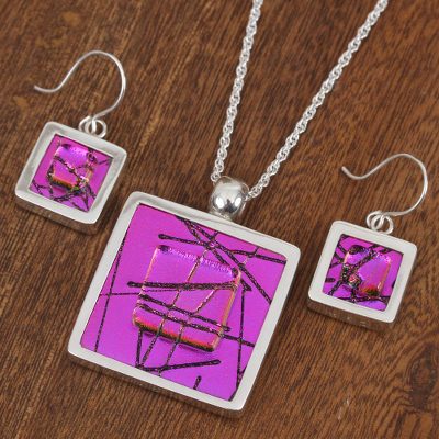 Dichroic art glass jewelry set, 'Magenta Window' - Dichroic Glass Jewelry Set of Necklace and Earrings Mexico
