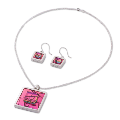 Dichroic art glass jewelry set, 'Magenta Window' - Dichroic Glass Jewelry Set of Necklace and Earrings Mexico