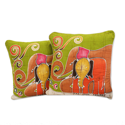 Cotton cushion covers, 'Father and Son' (pair) - Handcrafted Cotton Elephant Cushion Covers (Pair)