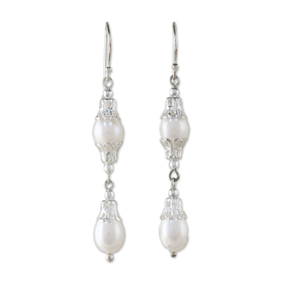 Pearl drop earrings, 'Clouds' - Sterling Silver and Pearl Drop Earrings