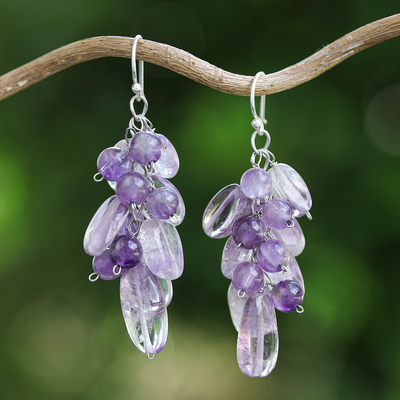 Amethyst cluster earrings, 'Violet Clouds' - Beaded Amethyst Earrings