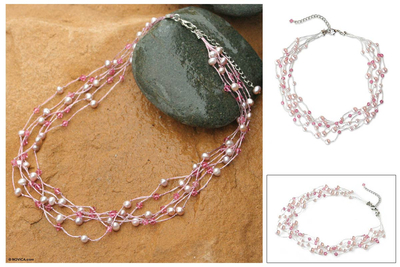 Pearl and crystal choker, 'Rose Mist' - Handcrafted Pearl Choker