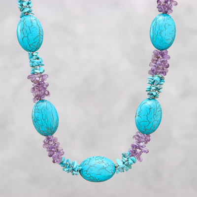 Amethyst beaded necklace, 'Gleaming Star' - Amethyst and Reconstituted Turquoise Necklace