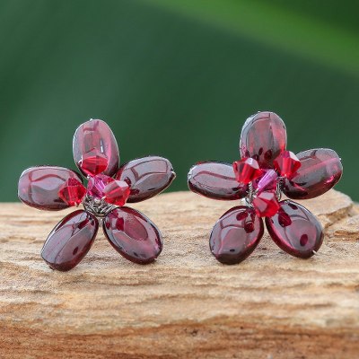Garnet button earrings, 'Scarlet Flower' - Hand Made Floral Garnet Button Earrings