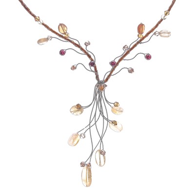 Garnet and citrine Y necklace, 'Tendrils' - Women's Citrine Y Necklace