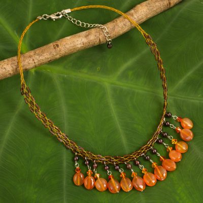 Carnelian and garnet waterfall necklace, 'Sun Drops' - Unique Carnelian Beaded Necklace