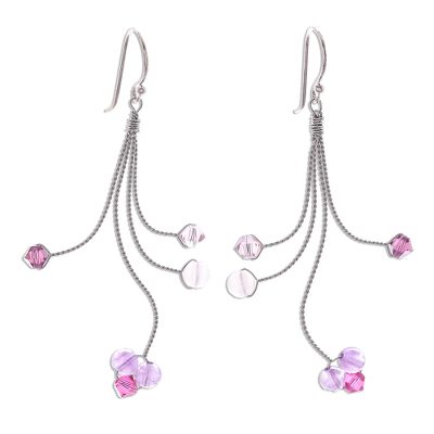 Amethyst and rose quartz dangle earrings, 'Springtime' - Unique Silver and Amethyst Dangle Earrings