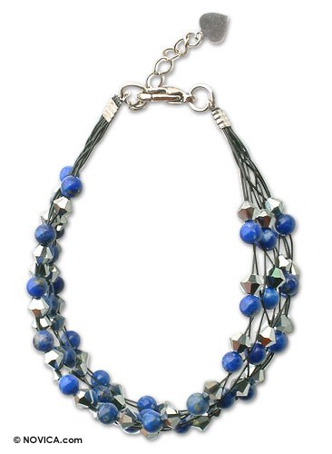 Lapis lazuli wristband bracelet, 'Deep Blue Fishnet' - Unique Beaded Lapis Lazuli Bracelet
