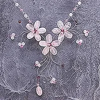 Rose quartz and garnet choker, 'Floral Cascade' - Rose Quartz Hanging Necklace