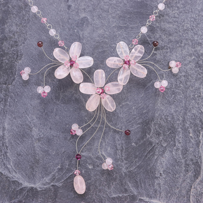 Rose quartz and garnet choker, 'Floral Cascade' - Handcrafted Floral Beaded Rose Quartz Necklace