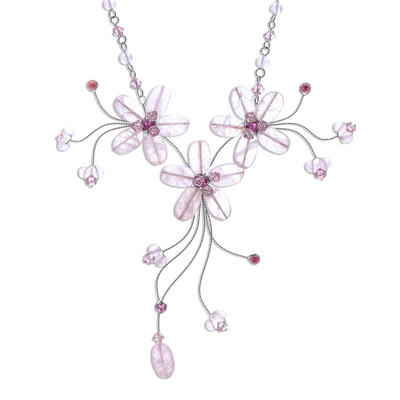 Rose quartz and garnet choker, 'Floral Cascade' - Handcrafted Floral Beaded Rose Quartz Necklace