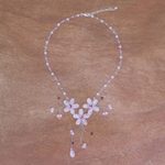 Rose quartz and garnet choker, 'Floral Cascade' - Handcrafted Floral Beaded Rose Quartz Necklace