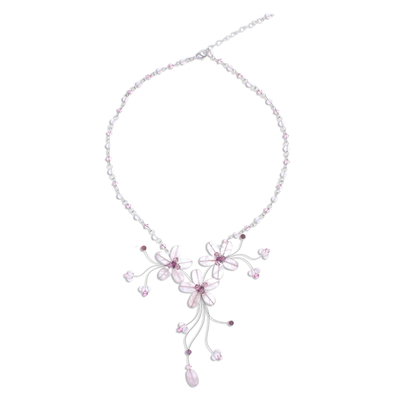 Halsband aus Rosenquarz und Granat - Handgefertigte Rosenquarz-Halskette mit Blumenperlen