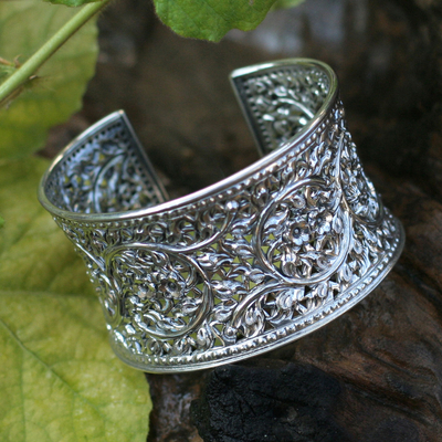 Artisan Crafted Sterling Silver Cuff Bracelet - Floral Lace | NOVICA