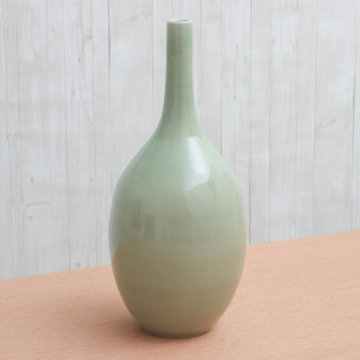 Hand Crafted Celadon Ceramic Vase Sweet Sea Green Novica