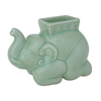 Celadon ceramic pencil stand, 'Kneeling Elephant' - Handcrafted Celadon Ceramic Pencil Stand