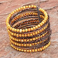 Pearl beaded bracelet, 'Golden Luxuries' - Unique Beaded Pearl Bracelet