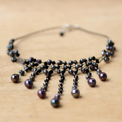Cultured pearl choker, 'Black Rain Shower' - Thai Handmade Cultured Pearl Waterfall Necklace