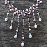 Pearl waterfall necklace, 'Lilac Rain Shower'