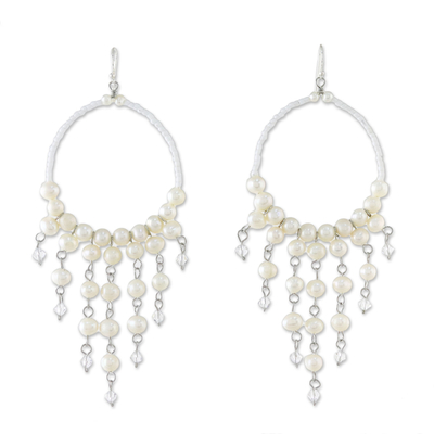 Pearl chandelier earrings, 'Harmony of White' - Handmade Pearl Chandelier Earrings
