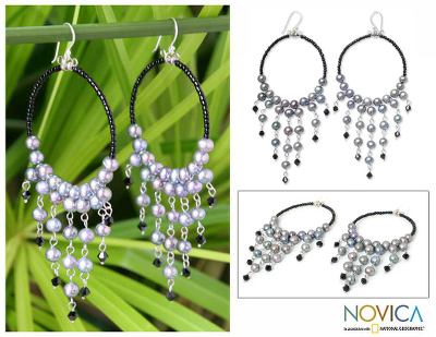 Cultured pearl chandelier earrings, 'Harmony of Black' - Pearl Chandelier Earrings