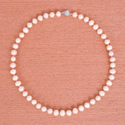 Cultured pearl and peridot strand necklace, 'Pink Sea Breath' - Handcrafted Bridal Pearl Strand Necklace