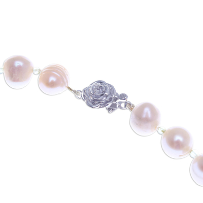 Cultured pearl and peridot strand necklace, 'Pink Sea Breath' - Handcrafted Bridal Pearl Strand Necklace