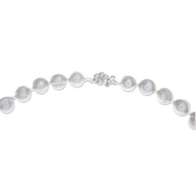 Cultured pearl and peridot strand necklace, 'Misty Sea Breath' - Thai Natural Cultured Grey Pearl and Peridot Necklace