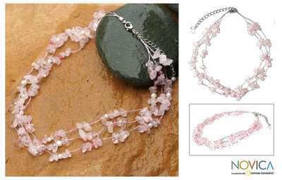 Collar de perlas y cuarzo rosa - Collar de Cuarzo Rosa y Perlas
