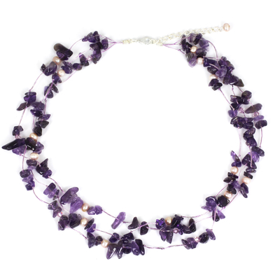 Pearl and amethyst strand necklace, 'Natural Spectacular' - Beaded Amethyst Necklace