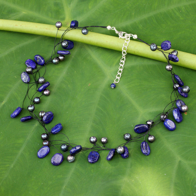 Gargantilla de perlas cultivadas y lapislázuli - Collar de lapislázuli y perlas cultivadas de Tailandia