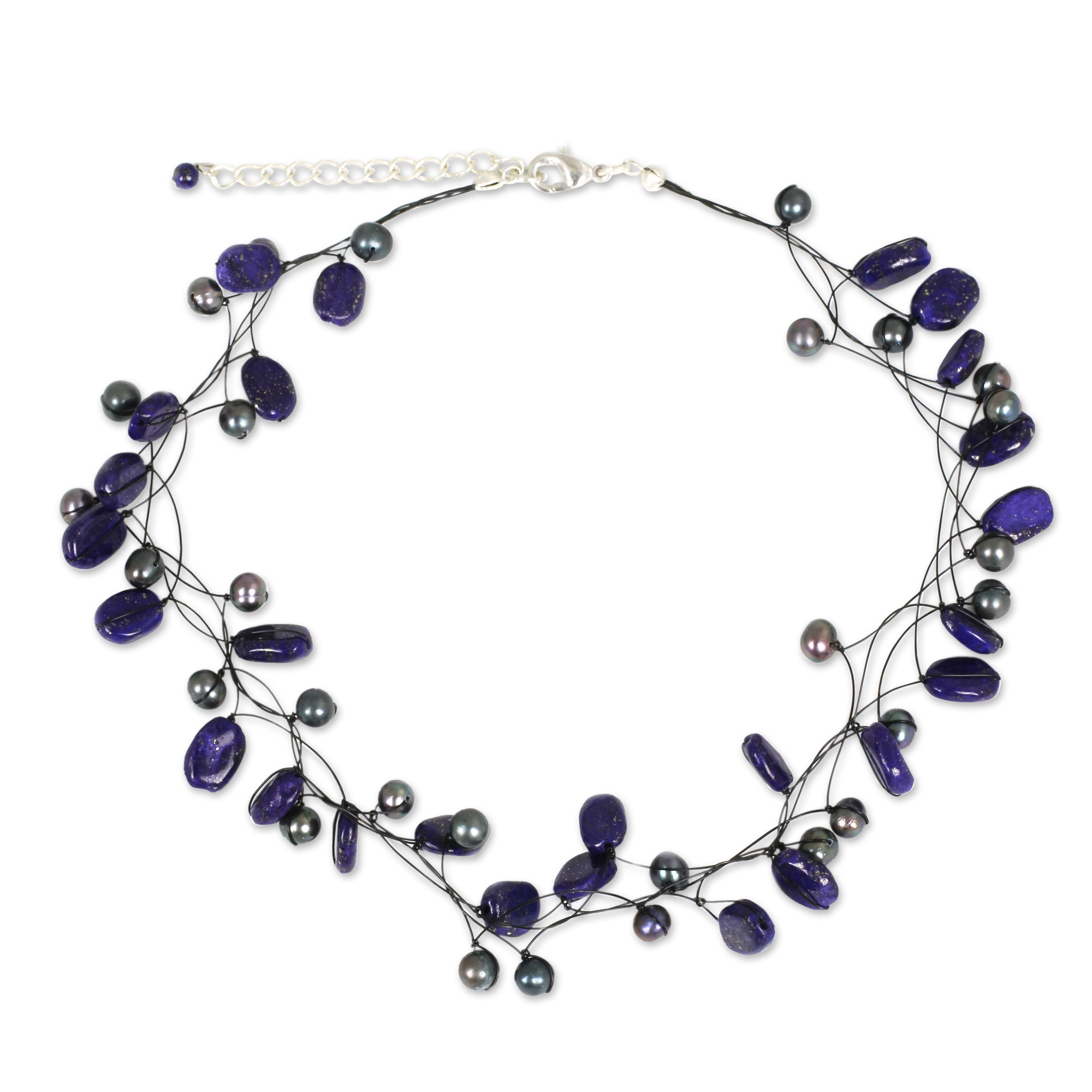 Lapis Lazuli and Cultured Pearl Necklace from Thailand - Ethereal | NOVICA