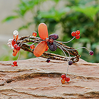 Carnelian and garnet wrap bracelet, 'Butterfly Bloom' - Hand Crafted Floral Carnelian Beaded Bracelet