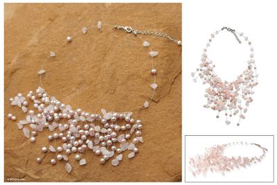 Pearl and rose quartz beaded necklace, 'Cloudfall' - Pearl and rose quartz beaded necklace