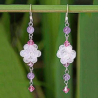 Rose quartz and amethyst dangle earrings, 'Enchanted Bloom' - Handcrafted Sterling and Rose Quartz Cluster Dangle Earrings