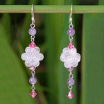 Rose quartz and amethyst dangle earrings, 'Enchanted Bloom' - Sterling Silver Beaded Rose Quartz Earrings
