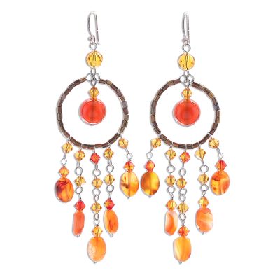Carnelian chandelier earrings, 'Golden Dreamcatcher' - Handmade Beaded Carnelian Earrings