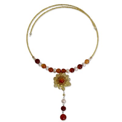 Pearl and citrine flower necklace, 'Flower of Love' - Floral Beaded Citrine Necklace from Thailand
