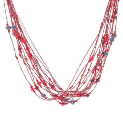 Pearl and garnet torsade necklace, 'River of Red' - Pearl and Garnet Torsade Necklace
