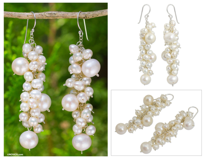 Pearl cluster earrings, 'Full Moon' - Pearl Cluster Earrings