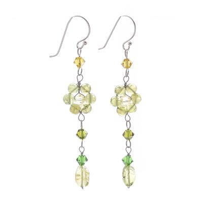 Peridot dangle earrings, 'Sweet Eternal' - Floral Beaded Peridot Earrings