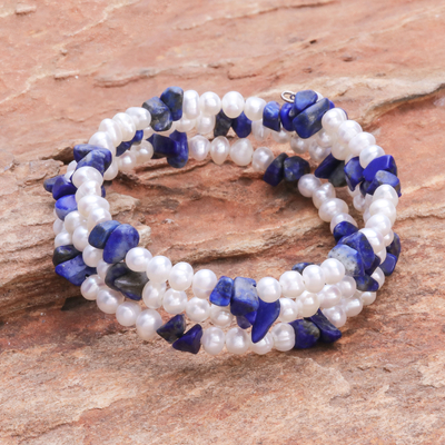 Cultured pearl and lapis lazuli wrap bracelet, Blue Solstice
