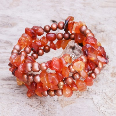 Pearl and carnelian wrap bracelet, 'Golden Solstice' - Beaded Carnelian and Pearl Bracelet