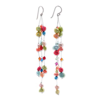 Pearl waterfall earrings, 'Color Delight' - Hand Crafted Pearl Waterfall Earrings